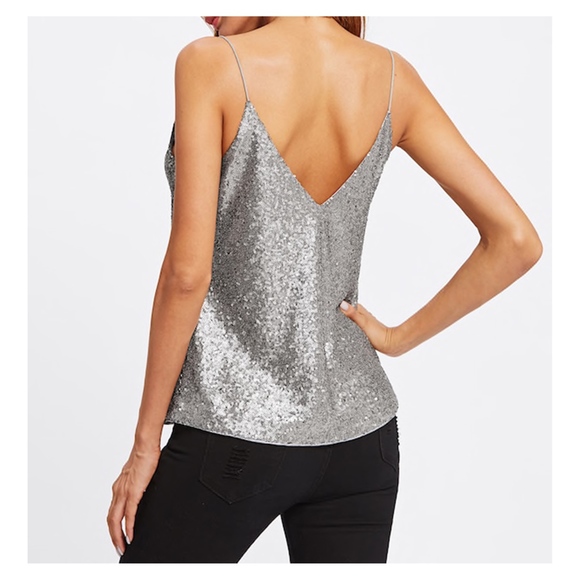 Silver Sleveless V Neck Sequin Cami Blouse - Picture 3 of 8